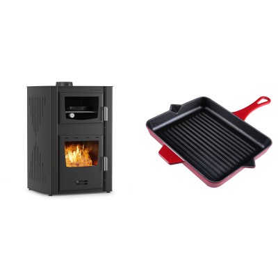 Set Kaminofen, Holzofen Wasserführend mit Backfach Velmora Fire ATS HYDRO ΜΑSΙΝΑ 90-25, 25kW + Emaillierte grillpfanne Gusseisen Solagio, Rubin, 26x32cm - Kaminofen - Holzofen mit Backfach