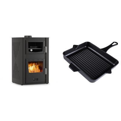 Set Kaminofen, Holzofen Wasserführend mit Backfach Velmora Fire ATS HYDRO ΜΑSΙΝΑ 90-25, 25kW + Emaillierte grillpfanne Gusseisen Solagio, Black Onyx, 26x32cm - Kaminofen - Holzofen mit Backfach
