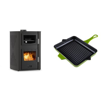 Set Kaminofen, Holzofen Wasserführend mit Backfach Velmora Fire ATS HYDRO ΜΑSΙΝΑ 90-25, 25kW + Emaillierte grillpfanne Gusseisen Solagio, Bamboo, 26x32cm - Kaminofen - Holzofen mit Backfach