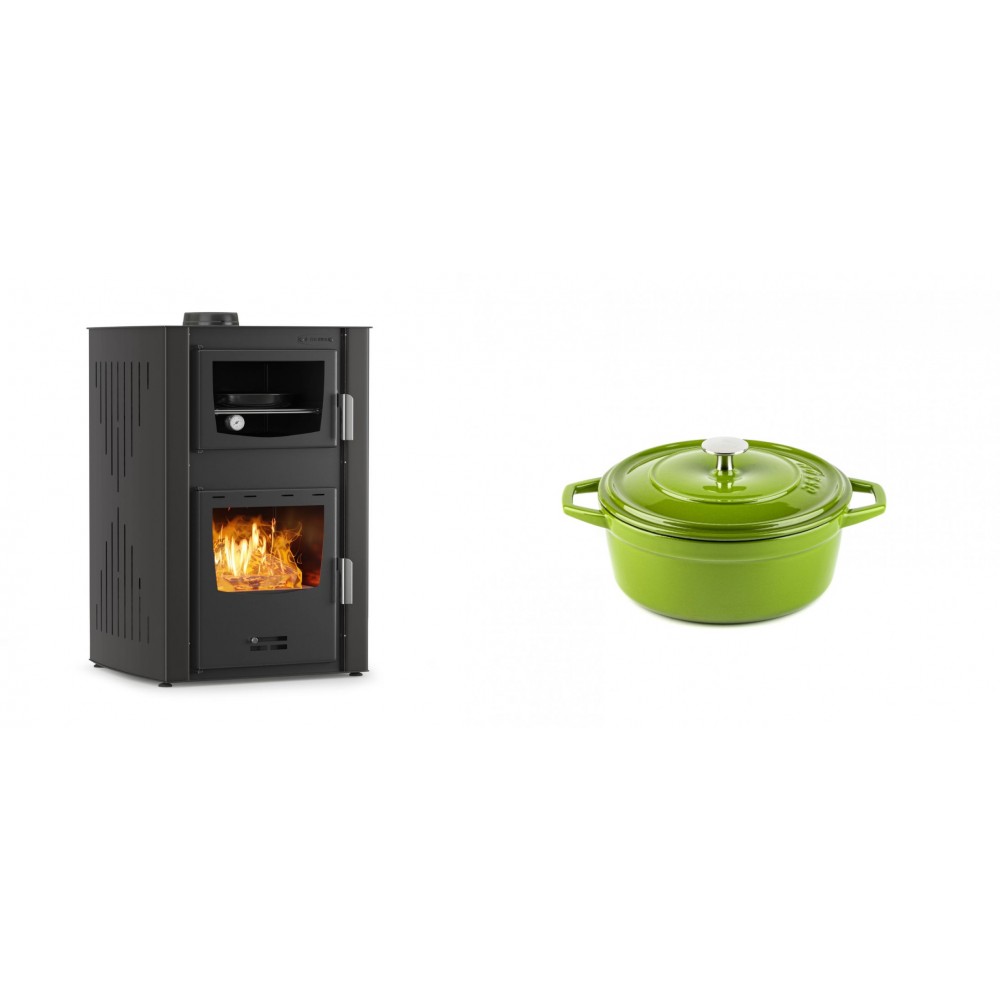 Set Kaminofen, Holzofen Wasserführend mit Backfach Velmora Fire ATS HYDRO ΜΑSΙΝΑ 90-25, 25kW + Gusseisen Topf Tiefer Solagio, Bamboo, Ф12