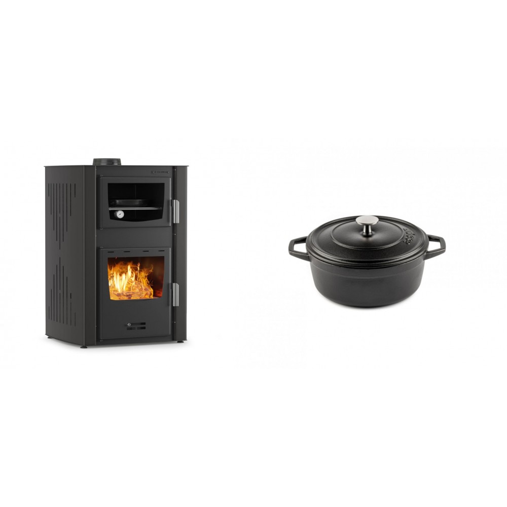 Set Kaminofen, Holzofen Wasserführend mit Backfach Velmora Fire ATS HYDRO ΜΑSΙΝΑ 90-25, 25kW + Gusseisen Topf Tiefer Solagio, Black Onyx, Ф12