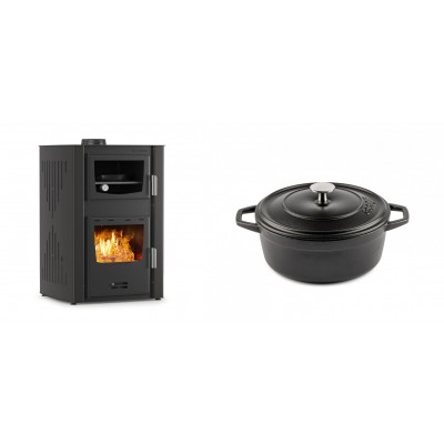 Set Kaminofen, Holzofen Wasserführend mit Backfach Velmora Fire ATS HYDRO ΜΑSΙΝΑ 90-25, 25kW + Gusseisen Topf Tiefer Solagio, Black Onyx, Ф20 - Kaminofen - Holzofen mit Backfach