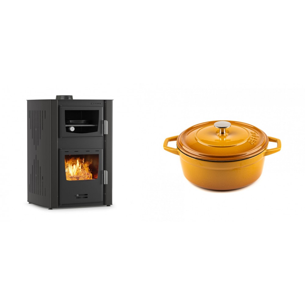 Set Kaminofen, Holzofen Wasserführend mit Backfach Velmora Fire ATS HYDRO ΜΑSΙΝΑ 90-25, 25kW + Gusseisen Topf Tiefer Solagio, Dijon, Ф20