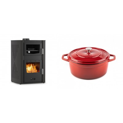 Set Kaminofen, Holzofen Wasserführend mit Backfach Velmora Fire ATS HYDRO ΜΑSΙΝΑ 90-25, 25kW + Gusseisen Topf Tiefer Solagio, Rubin, Ф24 - Kaminofen - Holzofen mit Backfach