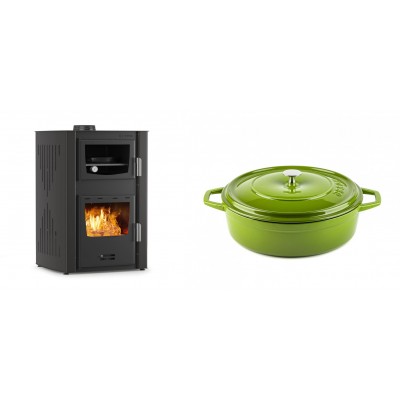 Set Kaminofen, Holzofen Wasserführend mit Backfach Velmora Fire ATS HYDRO ΜΑSΙΝΑ 90-25, 25kW + Gusseisen Topf Flach Solagio, Bamboo, Ф26 - Kaminofen - Holzofen mit Backfach