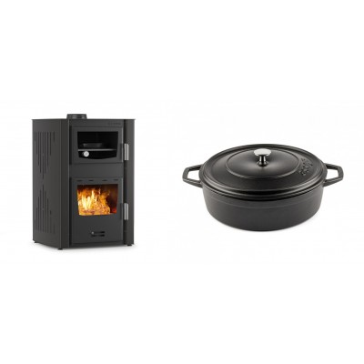 Set Kaminofen, Holzofen Wasserführend mit Backfach Velmora Fire ATS HYDRO ΜΑSΙΝΑ 90-25, 25kW + Gusseisen Topf Flach Solagio, Black Onyx, Ф26 - Kaminofen - Holzofen mit Backfach