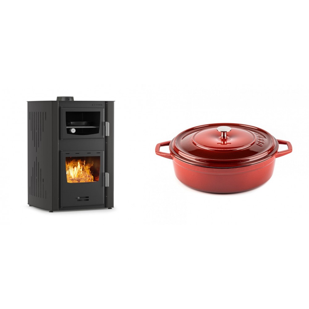 Set Kaminofen, Holzofen Wasserführend mit Backfach Velmora Fire ATS HYDRO ΜΑSΙΝΑ 90-25, 25kW + Gusseisen Topf Flach Solagio, Rubin, Ф26