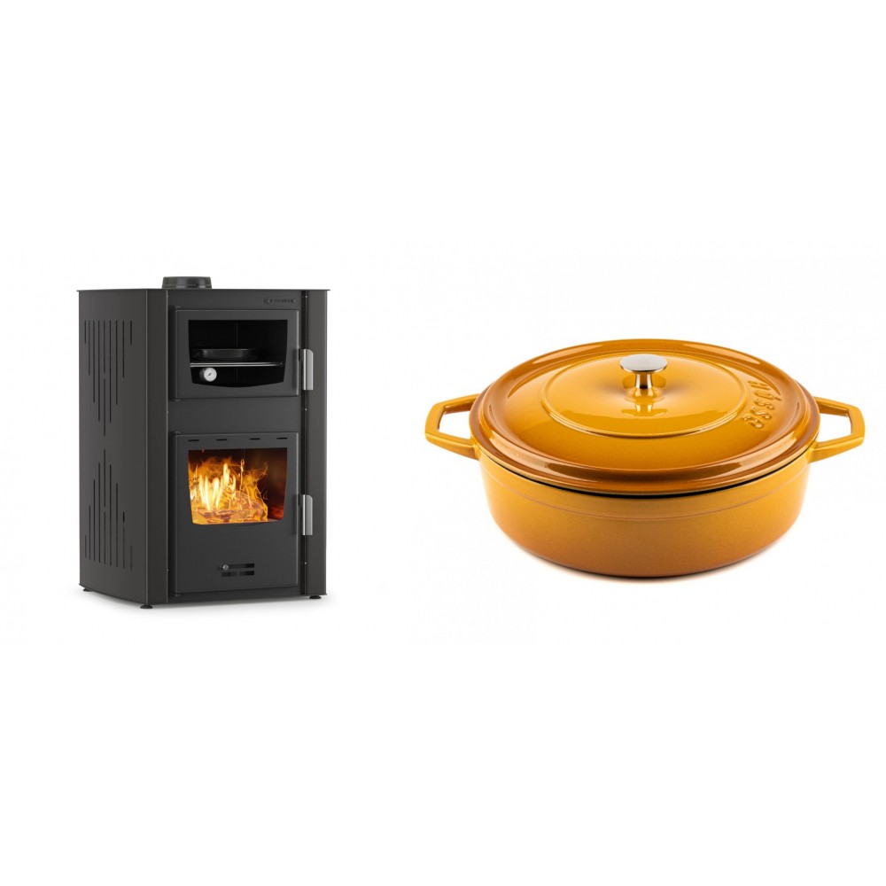 Set Kaminofen, Holzofen Wasserführend mit Backfach Velmora Fire ATS HYDRO ΜΑSΙΝΑ 90-25, 25kW + Gusseisen Topf Flach Solagio, Dijon, Ф28