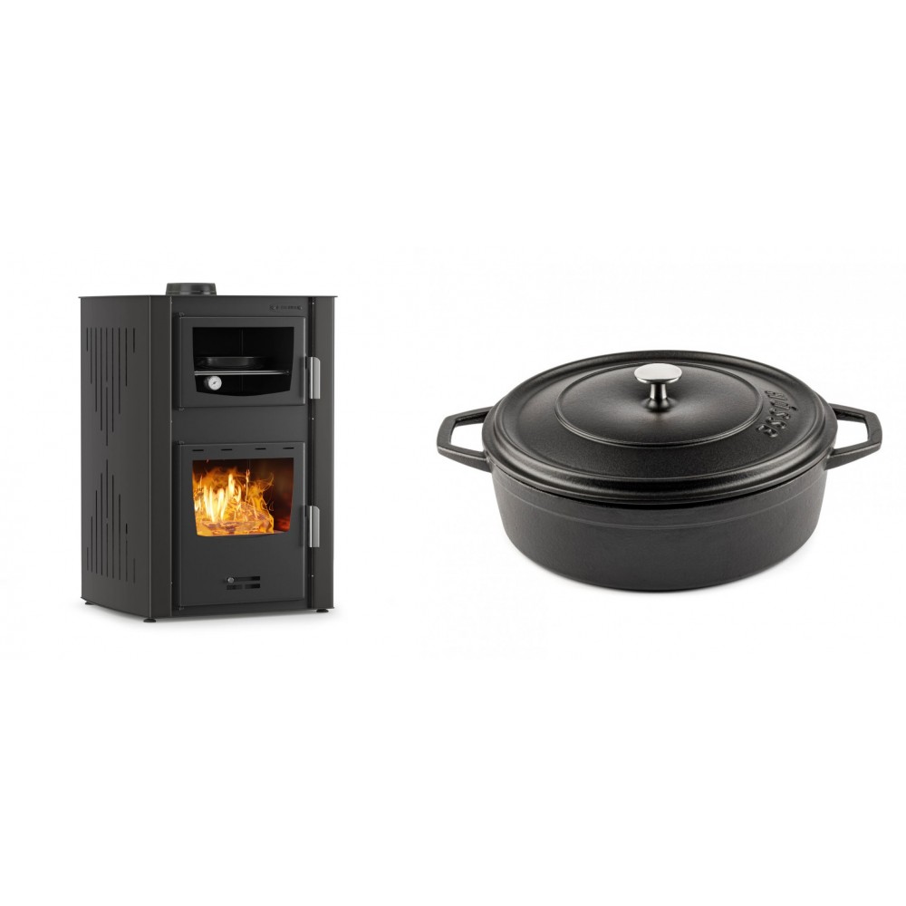 Set Kaminofen, Holzofen Wasserführend mit Backfach Velmora Fire ATS HYDRO ΜΑSΙΝΑ 90-25, 25kW + Gusseisen Topf Flach Solagio, Black Onyx, Ф28