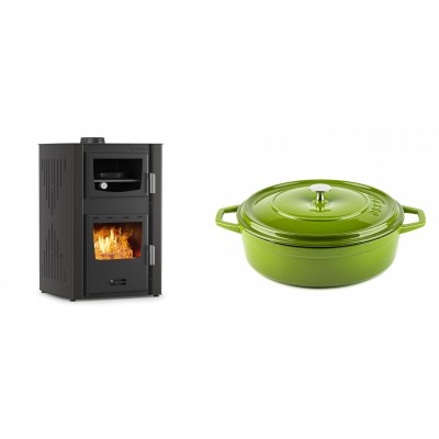 Set Kaminofen, Holzofen Wasserführend mit Backfach Velmora Fire ATS HYDRO ΜΑSΙΝΑ 90-25, 25kW + Gusseisen Topf Flach Solagio, Bamboo, Ф28 - Kaminofen - Holzofen mit Backfach