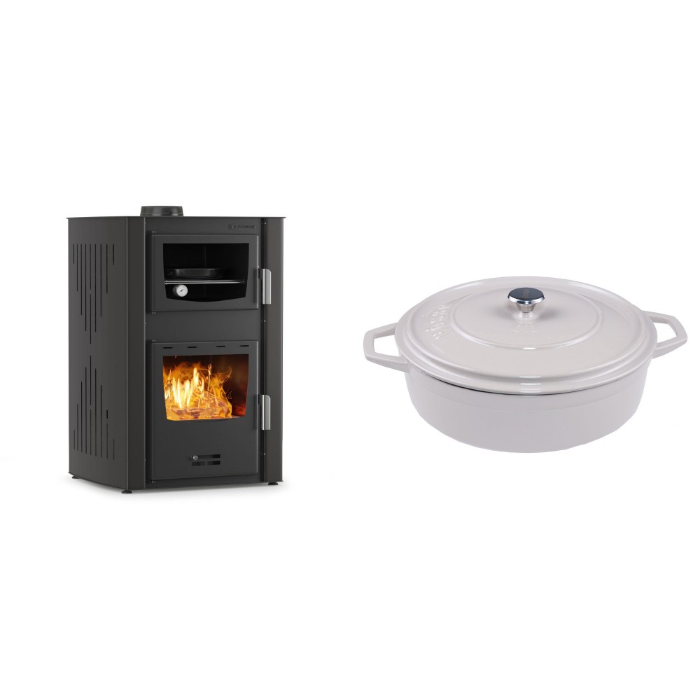 Set Kaminofen, Holzofen Wasserführend mit Backfach Velmora Fire ATS HYDRO ΜΑSΙΝΑ 90-25, 25kW + Gusseisen Topf Flach Solagio, Ivory, Ф28