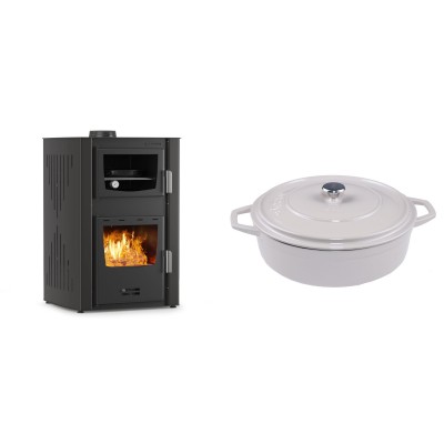 Set Kaminofen, Holzofen Wasserführend mit Backfach Velmora Fire ATS HYDRO ΜΑSΙΝΑ 90-25, 25kW + Gusseisen Topf Flach Solagio, Ivory, Ф28 - Kaminofen - Holzofen mit Backfach