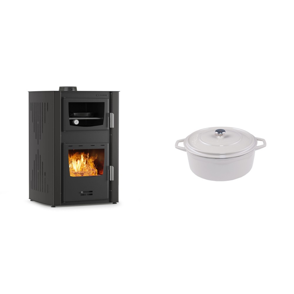 Set Kaminofen, Holzofen Wasserführend mit Backfach Velmora Fire ATS HYDRO ΜΑSΙΝΑ 90-25, 25kW + Gusseisen Topf Tiefer Solagio, Ivory, Ф12