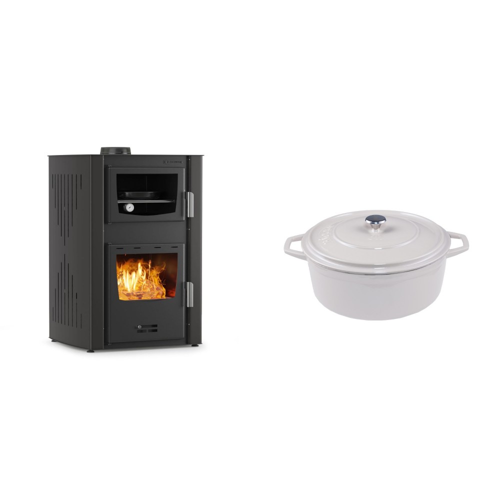 Set Kaminofen, Holzofen Wasserführend mit Backfach Velmora Fire ATS HYDRO ΜΑSΙΝΑ 90-25, 25kW + Gusseisen Topf Tiefer Solagio, Ivory, Ф20 | Holzofen | Kaminofen |