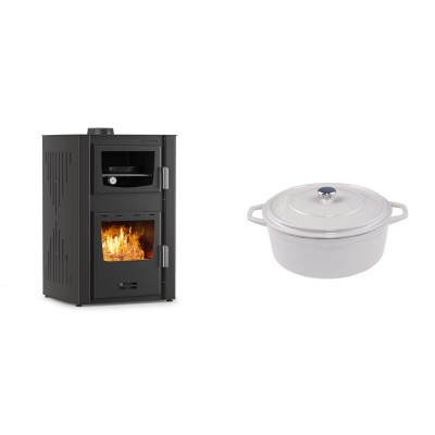 Set Kaminofen, Holzofen Wasserführend mit Backfach Velmora Fire ATS HYDRO ΜΑSΙΝΑ 90-25, 25kW + Gusseisen Topf Tiefer Solagio, Ivory, Ф20 - Kaminofen - Holzofen mit Backfach