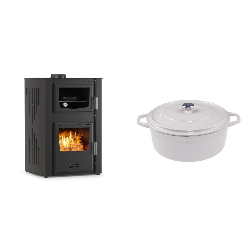 Set Kaminofen, Holzofen Wasserführend mit Backfach Velmora Fire ATS HYDRO ΜΑSΙΝΑ 90-25, 25kW + Gusseisen Topf Tiefer Solagio, Ivory, Ф24 | Holzofen | Kaminofen |