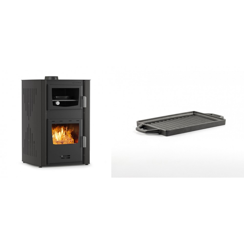 Set Kaminofen, Holzofen Wasserführend mit Backfach Velmora Fire ATS HYDRO ΜΑSΙΝΑ 90-25, 25kW + Mini-Grillplatte aus Gusseisen Solagio, 15.5x22.5cm
