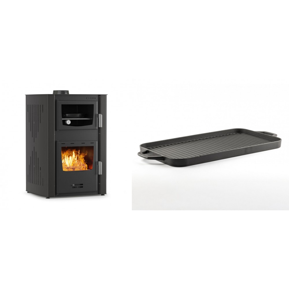 Set Kaminofen, Holzofen Wasserführend mit Backfach Velmora Fire ATS HYDRO ΜΑSΙΝΑ 90-25, 25kW + Große Grillplatte aus Gusseisen Solagio, 25x44cm | Holzofen | Kaminofen |