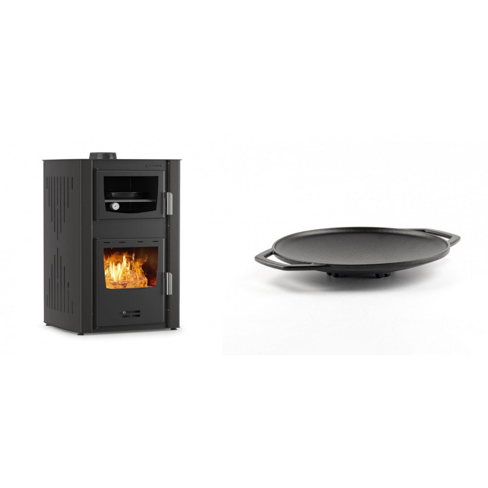Set Kaminofen, Holzofen Wasserführend mit Backfach Velmora Fire ATS HYDRO ΜΑSΙΝΑ 90-25, 25kW + Backplatte aus Gusseisen Solagio, Ф28cm