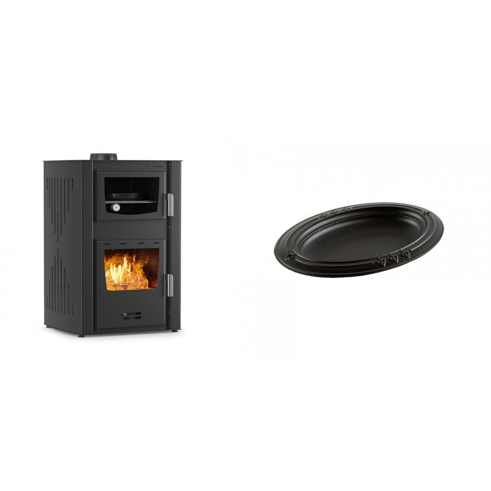 Set Kaminofen, Holzofen Wasserführend mit Backfach Velmora Fire ATS HYDRO ΜΑSΙΝΑ 90-25, 25kW + Gusseiserne auflaufform Solagio oval, 25x33cm