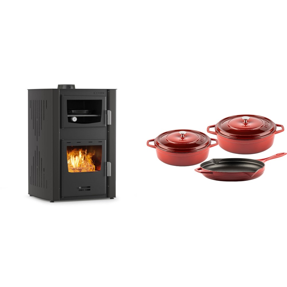 Set Kaminofen, Holzofen Wasserführend mit Backfach Velmora Fire ATS HYDRO ΜΑSΙΝΑ 90-25, 25kW + Gusseisen Topf Set aus 3 teilen Solagio, Rubin | Holzofen | Kaminofen |