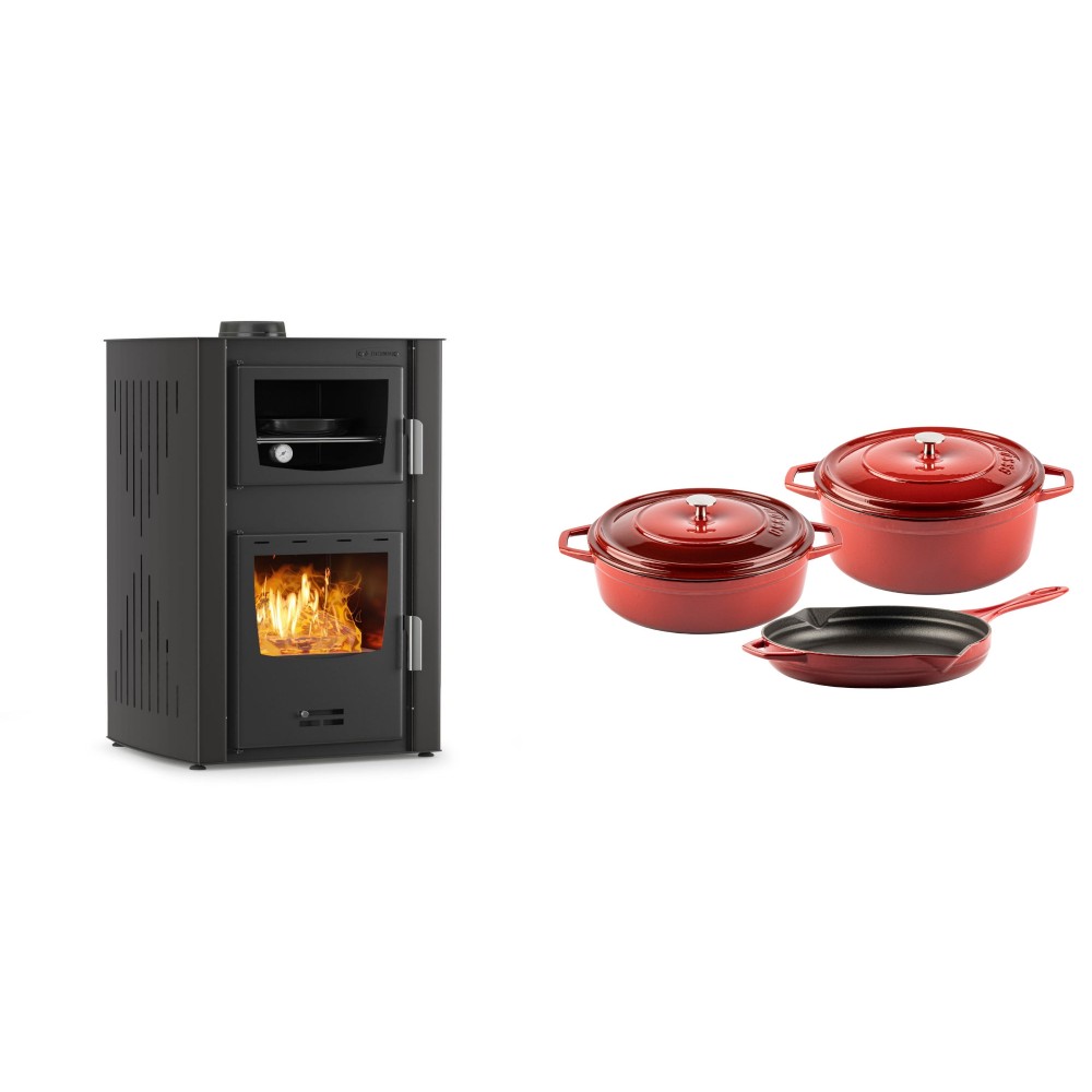 Set Kaminofen, Holzofen Wasserführend mit Backfach Velmora Fire ATS HYDRO ΜΑSΙΝΑ 90-25, 25kW + Gusseisen Topf Set aus 3 teilen Solagio, Rubin | Holzofen | Kaminofen |