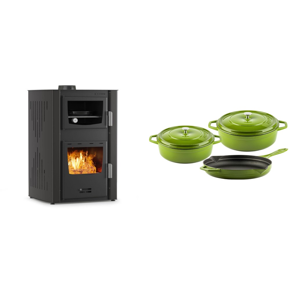 Set Kaminofen, Holzofen Wasserführend mit Backfach Velmora Fire ATS HYDRO ΜΑSΙΝΑ 90-25, 25kW + Gusseisen Topf Set aus 3 teilen Solagio, Bamboo