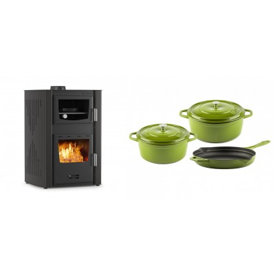 Set Kaminofen, Holzofen Wasserführend mit Backfach Velmora Fire ATS HYDRO ΜΑSΙΝΑ 90-25, 25kW + Gusseisen Topf Set aus 3 teilen Solagio, Bamboo - Kaminofen - Holzofen mit Backfach