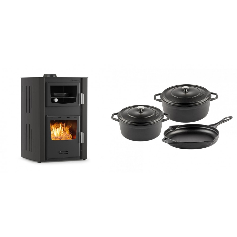Set Kaminofen, Holzofen Wasserführend mit Backfach Velmora Fire ATS HYDRO ΜΑSΙΝΑ 90-25, 25kW + Gusseisen Topf Set aus 3 teilen Solagio, Black Onyx | Holzofen | Kaminofen |