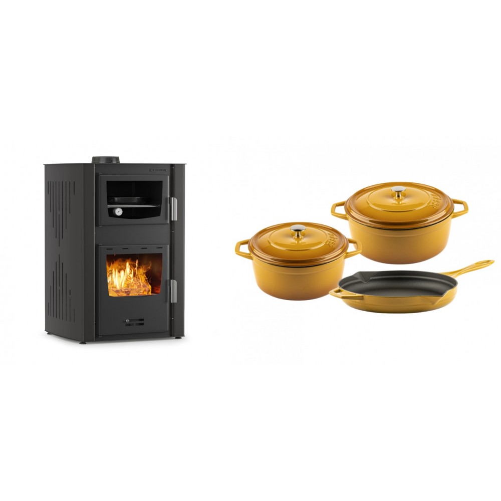 Set Kaminofen, Holzofen Wasserführend mit Backfach Velmora Fire ATS HYDRO ΜΑSΙΝΑ 90-25, 25kW + Gusseisen Topf Set aus 3 teilen Solagio, Dijon | Holzofen | Kaminofen |