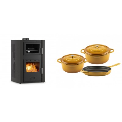 Set Kaminofen, Holzofen Wasserführend mit Backfach Velmora Fire ATS HYDRO ΜΑSΙΝΑ 90-25, 25kW + Gusseisen Topf Set aus 3 teilen Solagio, Dijon - Kaminofen - Holzofen mit Backfach