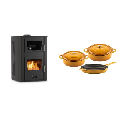 Set Kaminofen, Holzofen Wasserführend mit Backfach Velmora Fire ATS HYDRO ΜΑSΙΝΑ 90-25, 25kW + Gusseisen Topf Set aus 3 teilen Solagio, Dijon - Kaminofen - Holzofen mit Backfach