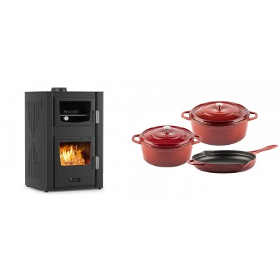 Set Kaminofen, Holzofen Wasserführend mit Backfach Velmora Fire ATS HYDRO ΜΑSΙΝΑ 90-25, 25kW + Gusseisen Topf Set aus 3 teilen Solagio, Rubin - Kaminofen - Holzofen mit Backfach