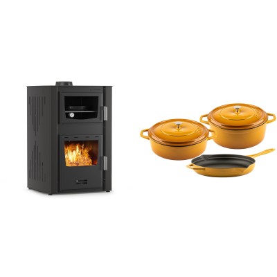 Set Kaminofen, Holzofen Wasserführend mit Backfach Velmora Fire ATS HYDRO ΜΑSΙΝΑ 90-25, 25kW + Gusseisen Topf Set aus 3 teilen Solagio, Dijon - Kaminofen - Holzofen mit Backfach