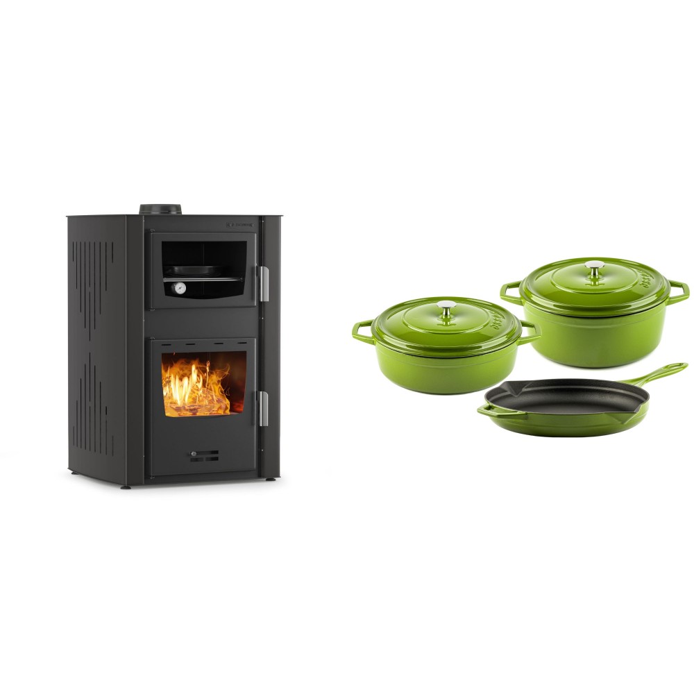 Set Kaminofen, Holzofen Wasserführend mit Backfach Velmora Fire ATS HYDRO ΜΑSΙΝΑ 90-25, 25kW + Gusseisen Topf Set aus 3 teilen Solagio, Bamboo | Holzofen | Kaminofen |