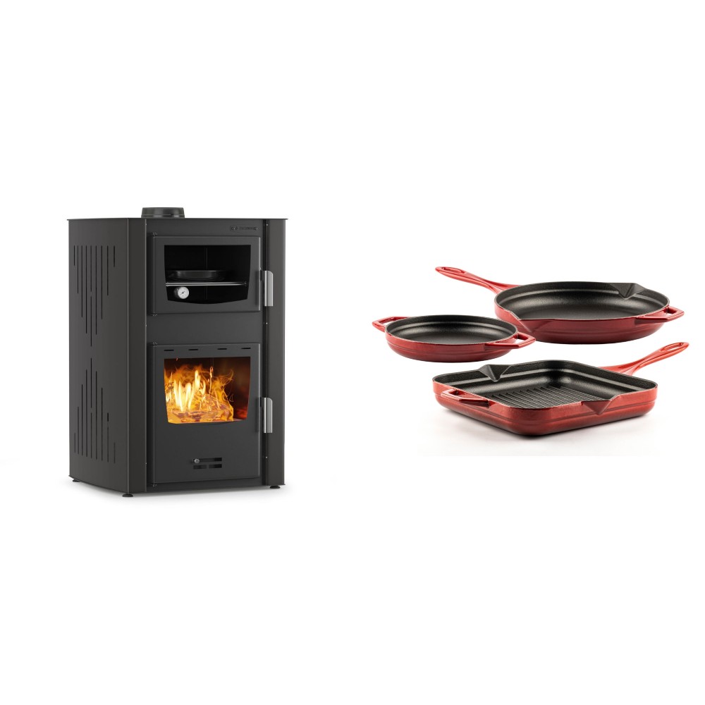 Set Kaminofen, Holzofen Wasserführend mit Backfach Velmora Fire ATS HYDRO ΜΑSΙΝΑ 90-25, 25kW + Gusseisen Topf Set aus 3 teilen Solagio, Rubin