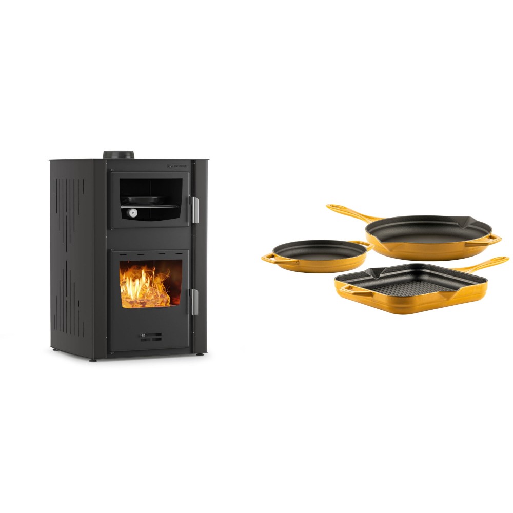 Set Kaminofen, Holzofen Wasserführend mit Backfach Velmora Fire ATS HYDRO ΜΑSΙΝΑ 90-25, 25kW + Gusseisen Topf Set aus 3 teilen Solagio, Dijon