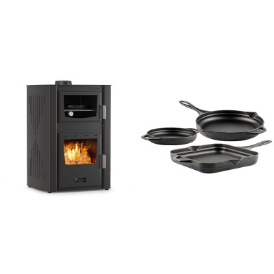 Set Kaminofen, Holzofen Wasserführend mit Backfach Velmora Fire ATS HYDRO ΜΑSΙΝΑ 90-25, 25kW + Gusseisen Topf Set aus 3 teilen Solagio, Black Onyx - Kaminofen - Holzofen mit Backfach
