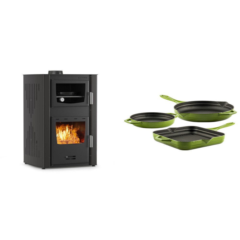 Set Kaminofen, Holzofen Wasserführend mit Backfach Velmora Fire ATS HYDRO ΜΑSΙΝΑ 90-25, 25kW + Gusseisen Topf Set aus 3 teilen Solagio, Bamboo | Holzofen | Kaminofen |