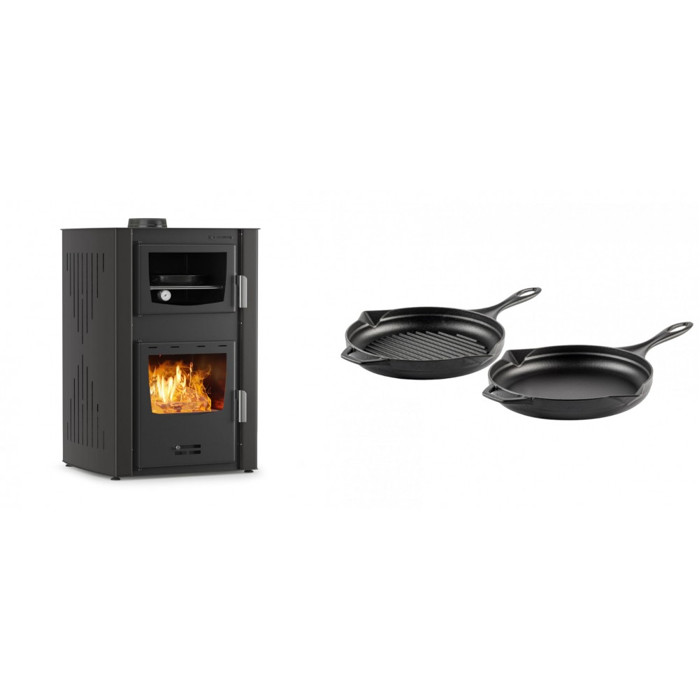 Set Kaminofen, Holzofen Wasserführend mit Backfach Velmora Fire ATS HYDRO ΜΑSΙΝΑ 90-25, 25kW + Gusseisen Topf Set aus 2 teilen Solagio, Black Onyx | Holzofen | Kaminofen |
