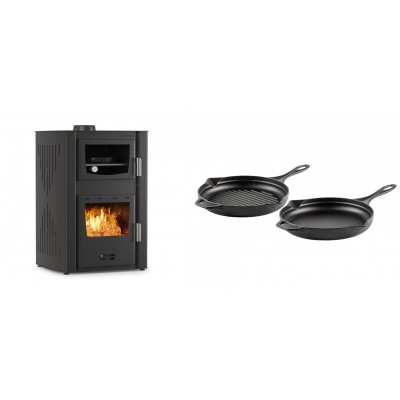 Set Kaminofen, Holzofen Wasserführend mit Backfach Velmora Fire ATS HYDRO ΜΑSΙΝΑ 90-25, 25kW + Gusseisen Topf Set aus 2 teilen Solagio, Black Onyx - Kaminofen - Holzofen mit Backfach