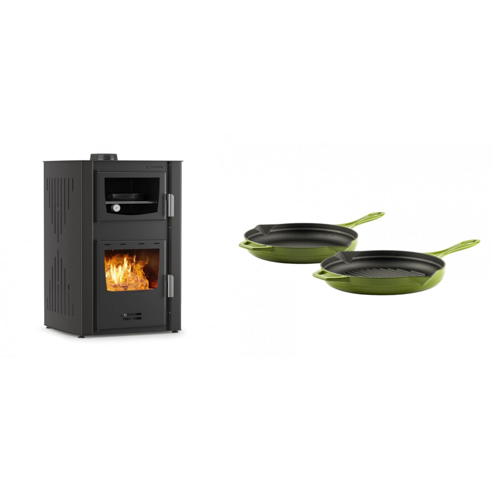 Set Kaminofen, Holzofen Wasserführend mit Backfach Velmora Fire ATS HYDRO ΜΑSΙΝΑ 90-25, 25kW + Gusseisen Topf Set aus 2 teilen Solagio, Bamboo