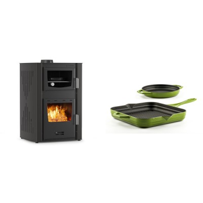 Set Kaminofen, Holzofen Wasserführend mit Backfach Velmora Fire ATS HYDRO ΜΑSΙΝΑ 90-25, 25kW + Gusseisen Topf Set aus 2 teilen Solagio, Bamboo - Kaminofen - Holzofen mit Backfach
