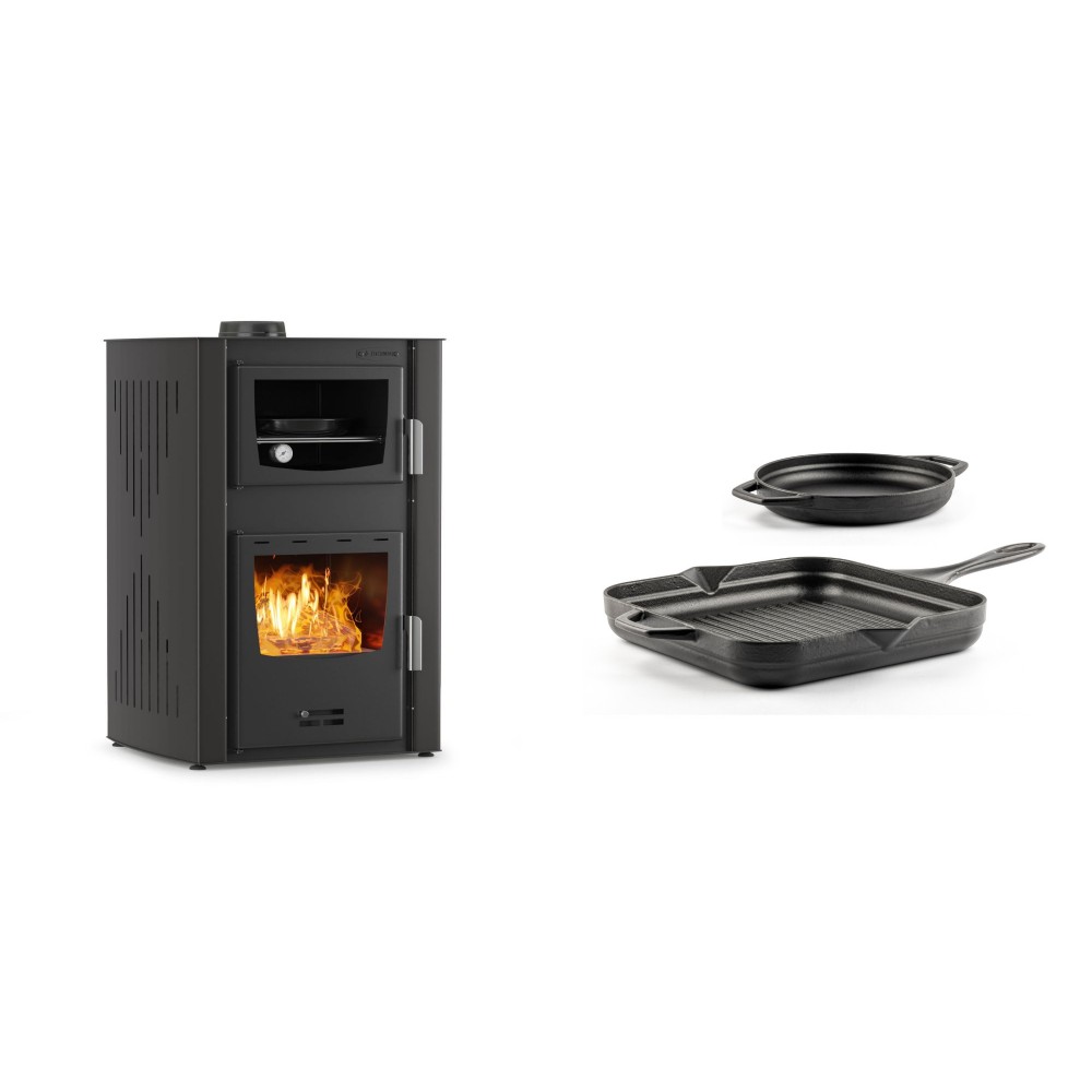 Set Kaminofen, Holzofen Wasserführend mit Backfach Velmora Fire ATS HYDRO ΜΑSΙΝΑ 90-25, 25kW + Gusseisen Topf Set aus 2 teilen Solagio, Black Onyx | Holzofen | Kaminofen |