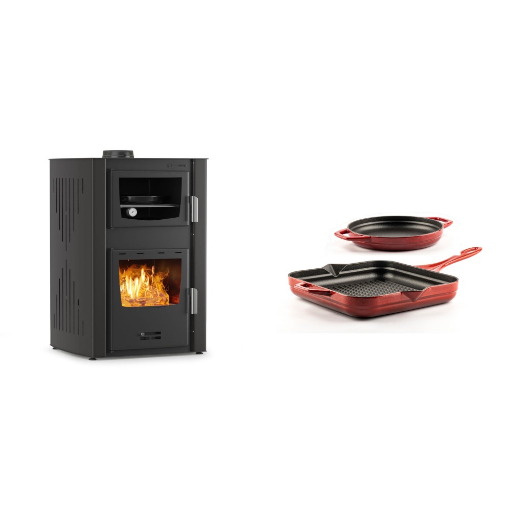 Set Kaminofen, Holzofen Wasserführend mit Backfach Velmora Fire ATS HYDRO ΜΑSΙΝΑ 90-25, 25kW + Gusseisen Topf Set aus 2 teilen Solagio, Rubin