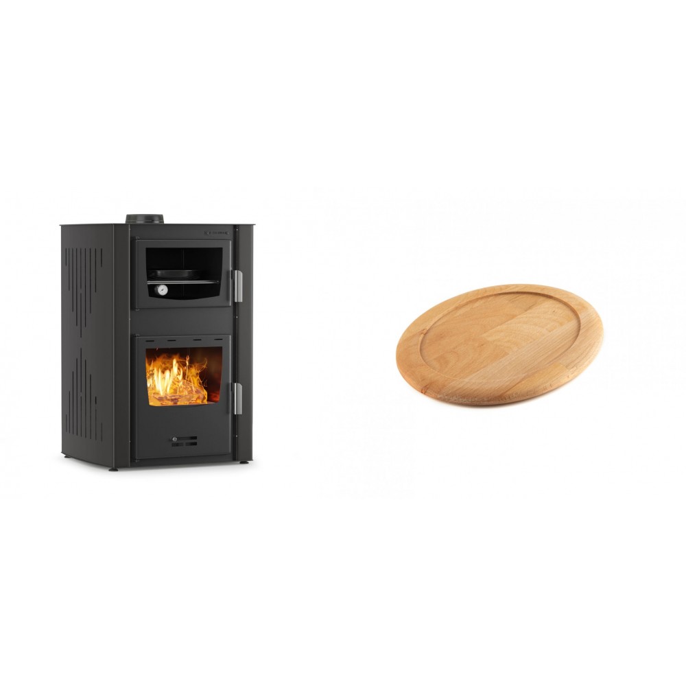 Set Kaminofen, Holzofen Wasserführend mit Backfach Velmora Fire ATS HYDRO ΜΑSΙΝΑ 90-25, 25kW + Holz untersetzer für ovale gusseisenpfanne Solagio HSFT1825