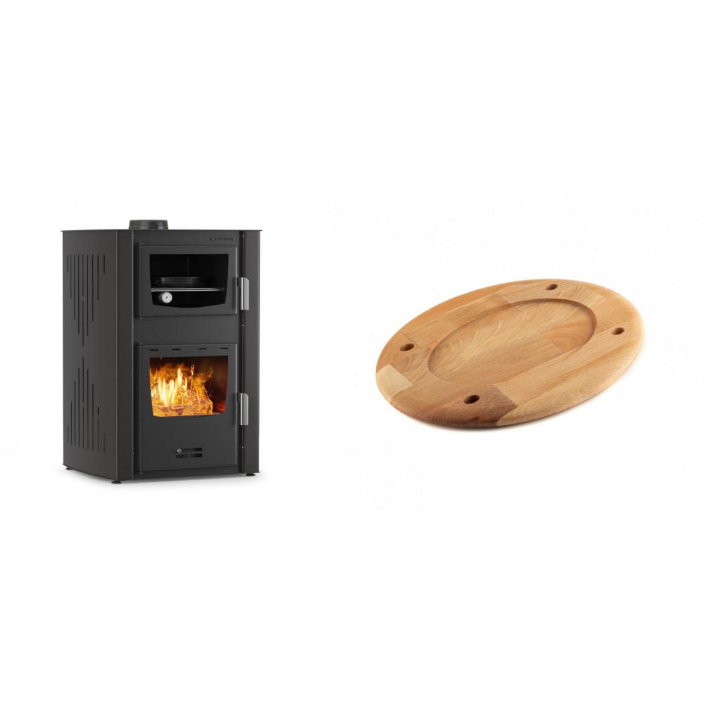Set Kaminofen, Holzofen Wasserführend mit Backfach Velmora Fire ATS HYDRO ΜΑSΙΝΑ 90-25, 25kW + Holz untersetzer für ovale platte Solagio HSOISK2533, 25x33cm