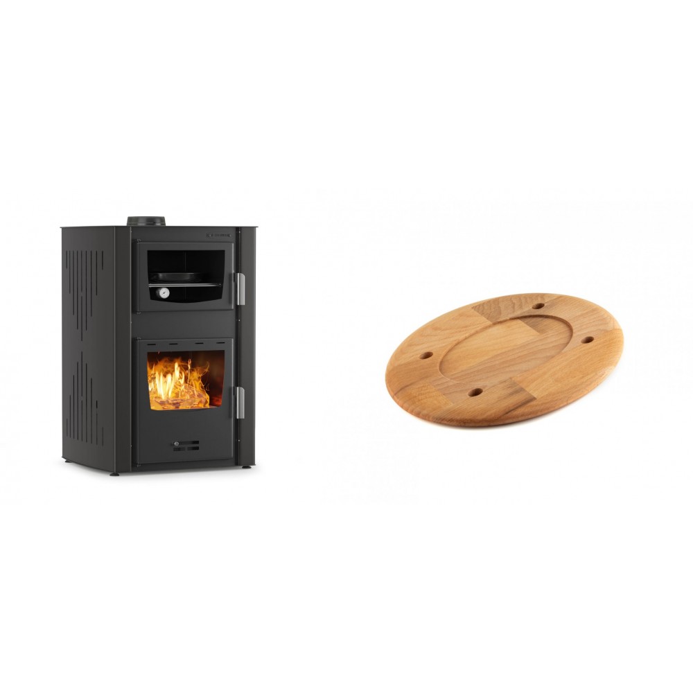 Set Kaminofen, Holzofen Wasserführend mit Backfach Velmora Fire ATS HYDRO ΜΑSΙΝΑ 90-25, 25kW + Holz untersetzer für ovale platte Solagio HSOISK1728, 17x28cm