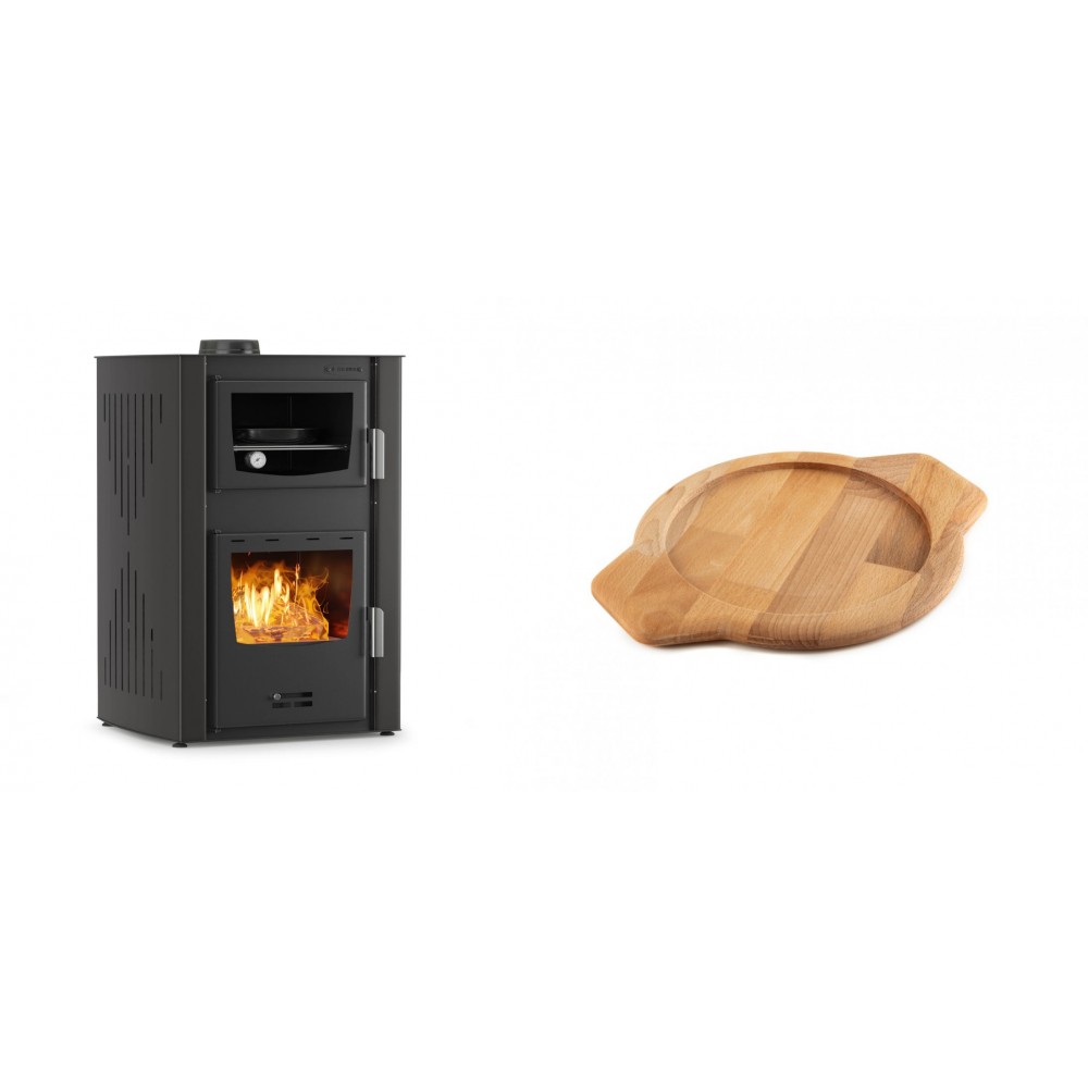 Set Kaminofen, Holzofen Wasserführend mit Backfach Velmora Fire ATS HYDRO ΜΑSΙΝΑ 90-25, 25kW + Holz untersetzer für gusseisenschüssel Solagio HSYKTV22 | Holzofen | Kaminofen |