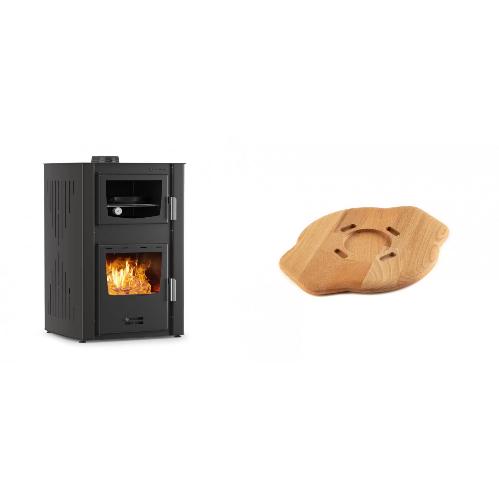 Set Kaminofen, Holzofen Wasserführend mit Backfach Velmora Fire ATS HYDRO ΜΑSΙΝΑ 90-25, 25kW + Holz untersetzer für gusseisenplatte Solagio HSYSAK20 | Holzofen | Kaminofen |